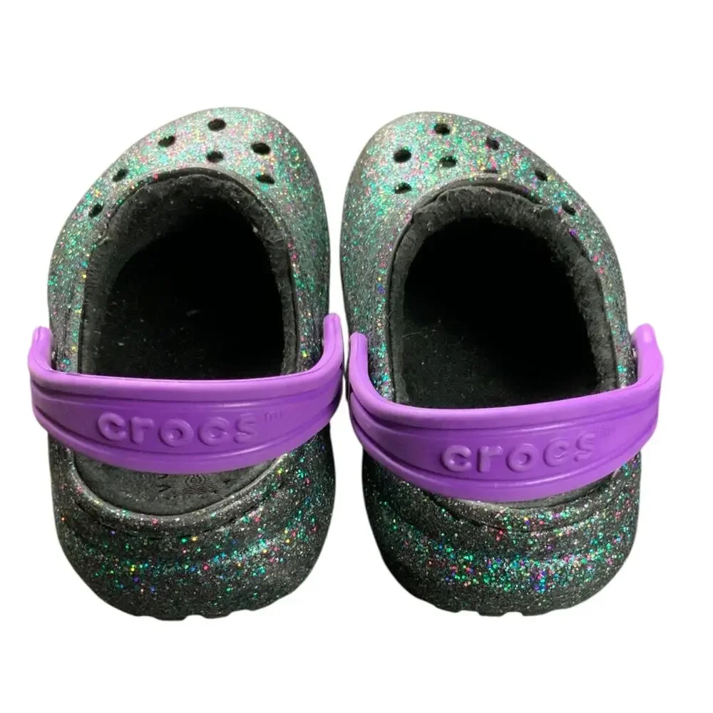 Crocs Kids Classic Glitter Clogs Purple Strap Black Sparkle C7 Toddler Shoes